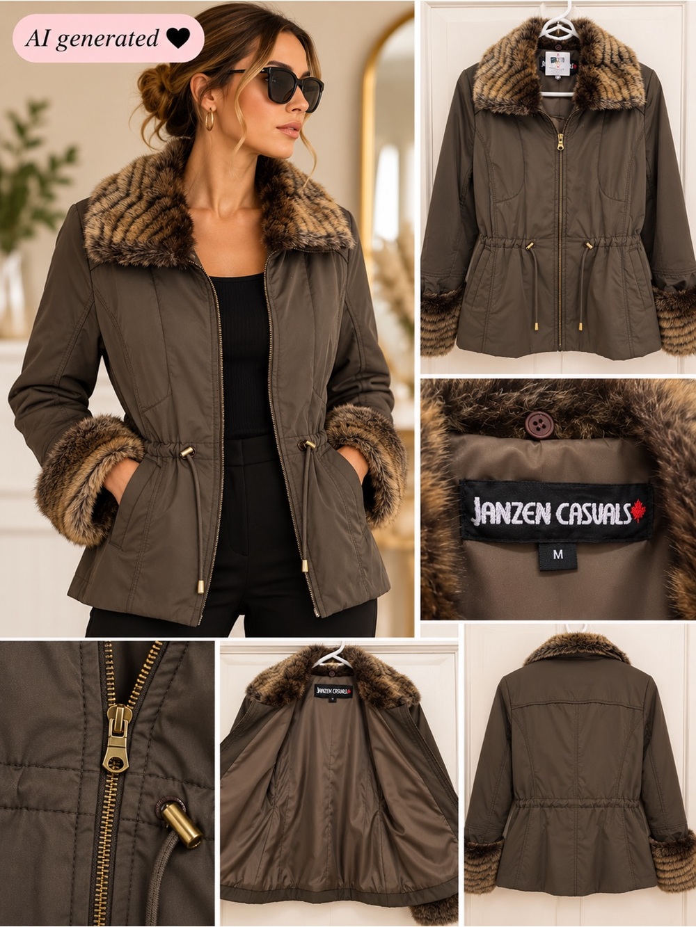 Title: Janzen Casuals Brown Faux Fur Trim Jacket with Drawstring Waist | Size M